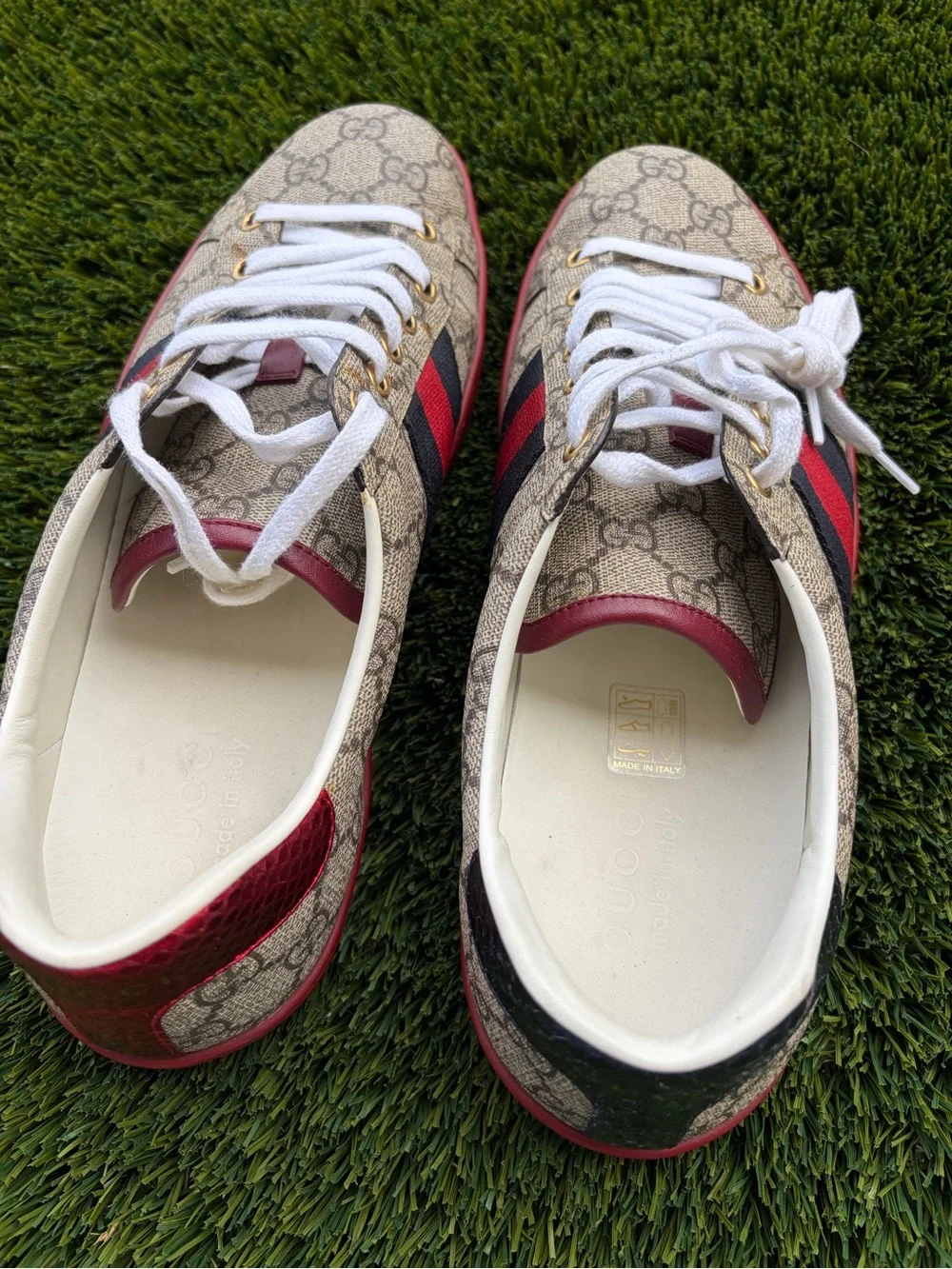 Gucci Beige GG Canvas Sneakers with Red & Navy Web Stripe